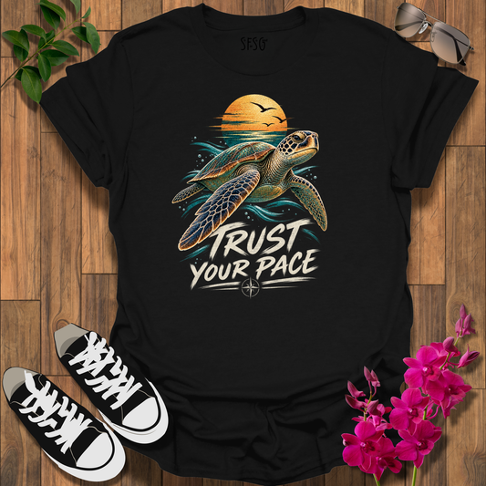 Steady & Sure T-Shirt — 'Trust Your Pace' Sea Turtle Sunset Tee