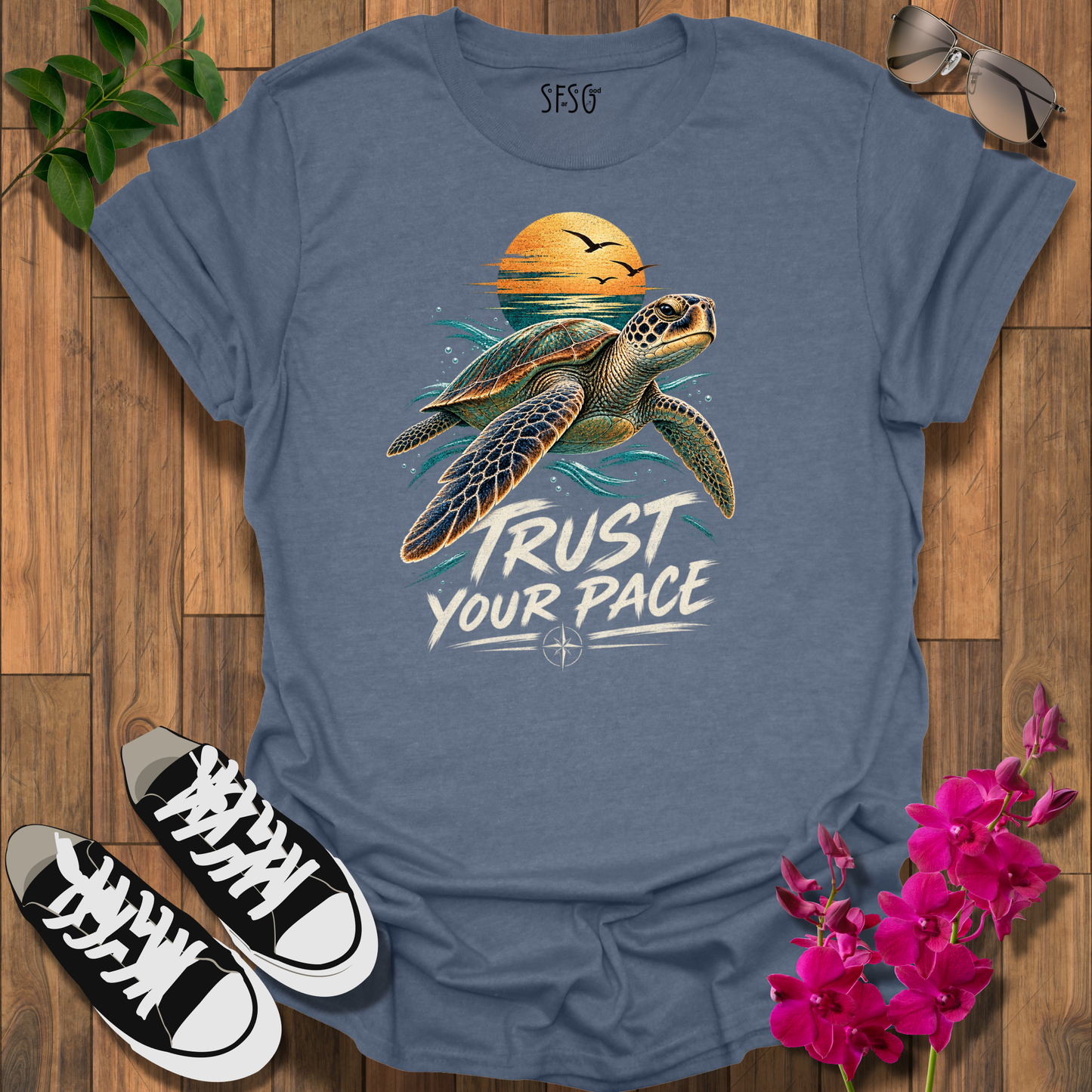 Steady & Sure T-Shirt — 'Trust Your Pace' Sea Turtle Sunset Tee
