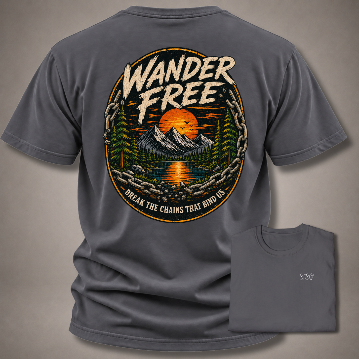 Wander Free T-Shirt — Vintage Mountain Sunset Adventure Tee