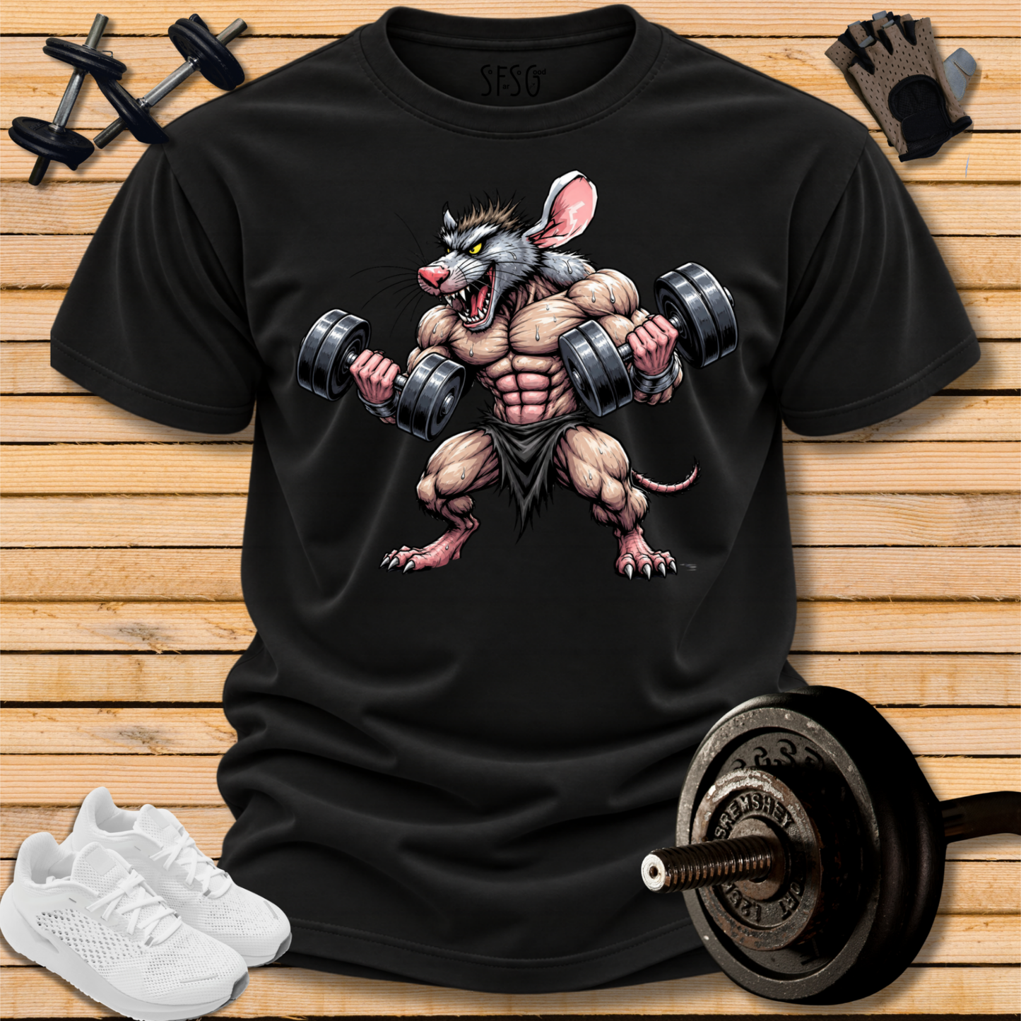 Rat Bodybuilder T-Shirt — Muscular Gym Rodent Fitness Tee