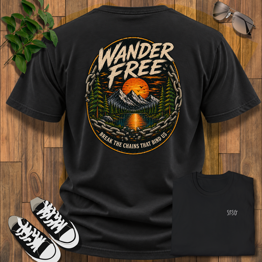 Wander Free T-Shirt — Vintage Mountain Sunset Adventure Tee