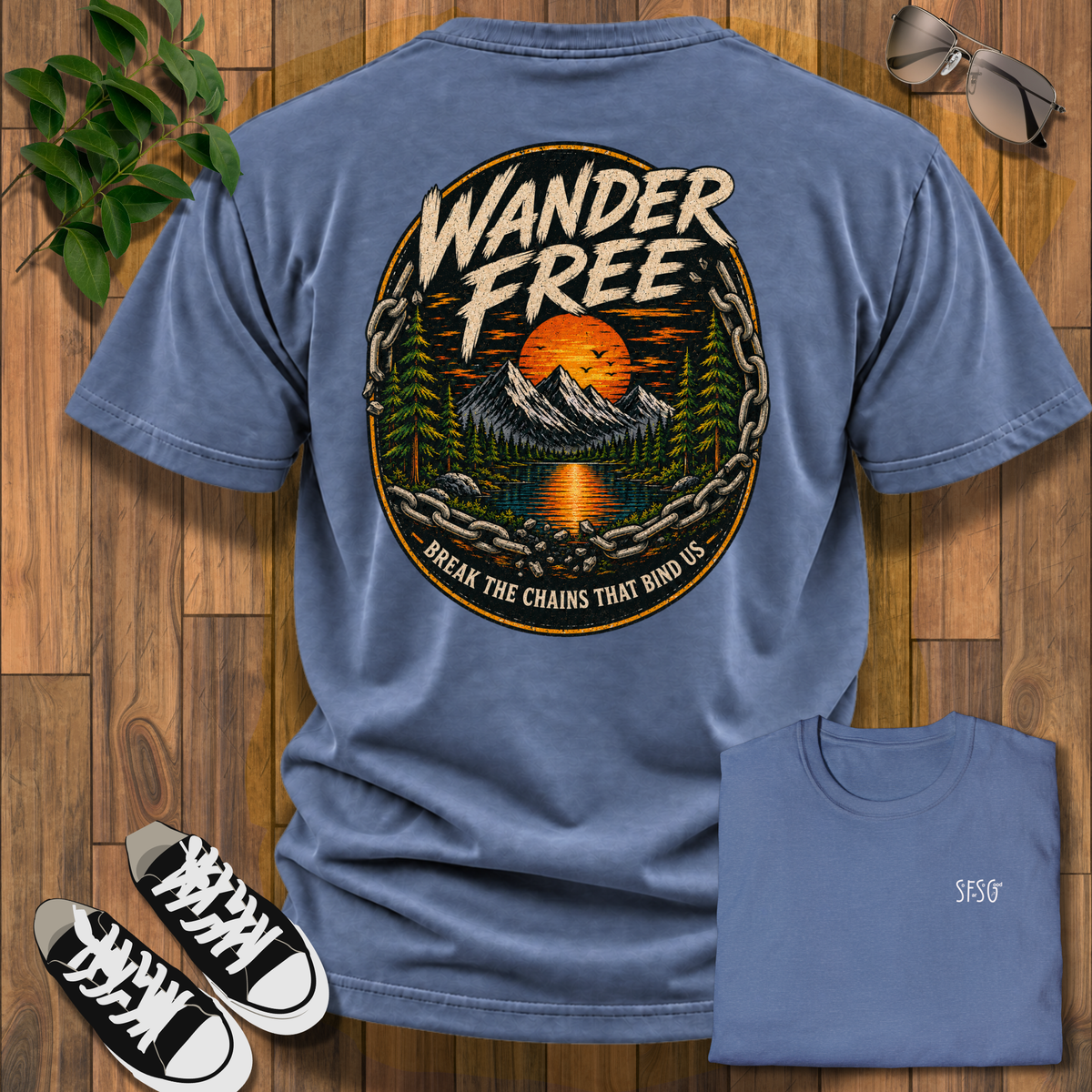 Wander Free T-Shirt — Vintage Mountain Sunset Adventure Tee