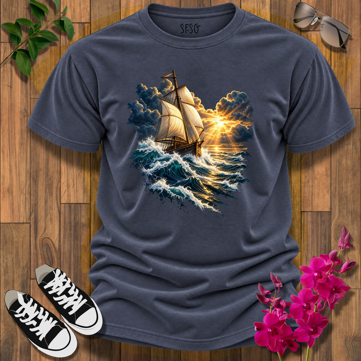 'Stay Your Course' T-Shirt — Vintage Ship on Stormy Seas Graphic Tee