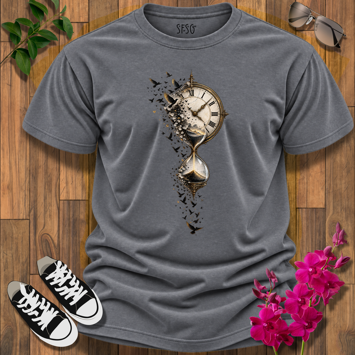 'Fleeting Moments' T‑Shirt — Time Flies Surreal Graphic Tee