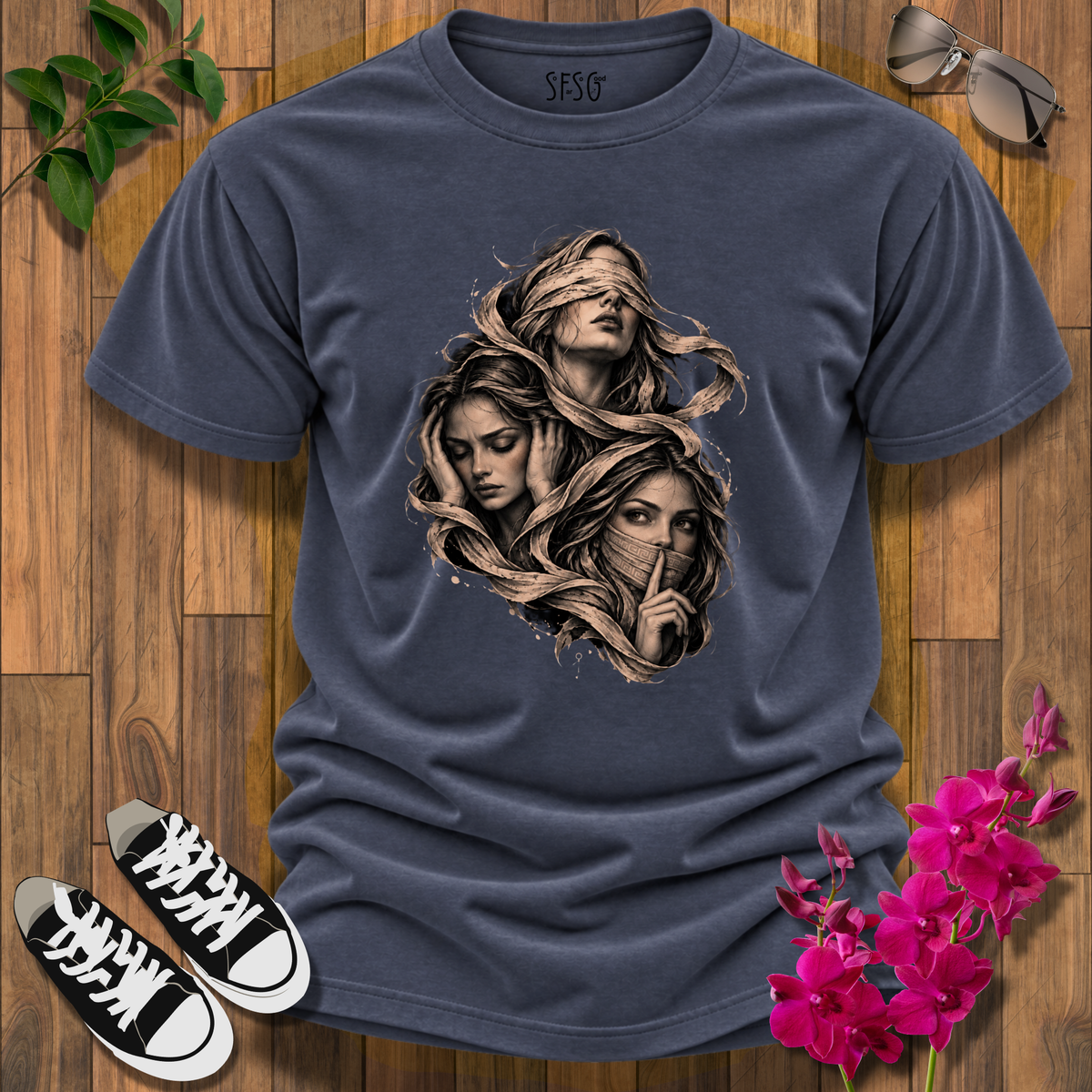 'See, Hear, Speak No Evil' T-Shirt – Women’s Portrait Art Design