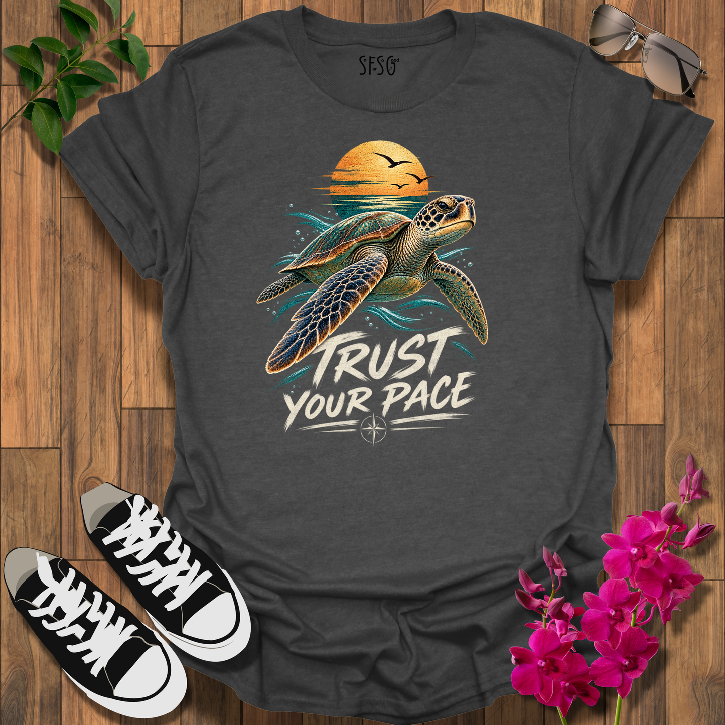 Steady & Sure T-Shirt — 'Trust Your Pace' Sea Turtle Sunset Tee
