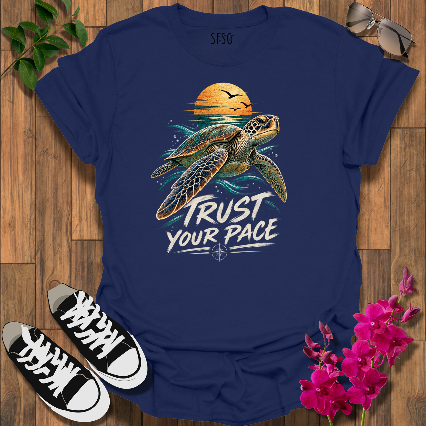 Steady & Sure T-Shirt — 'Trust Your Pace' Sea Turtle Sunset Tee