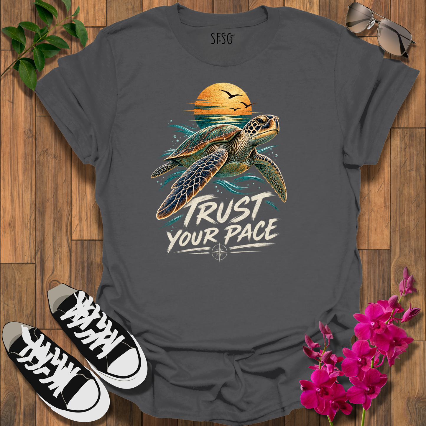 Steady & Sure T-Shirt — 'Trust Your Pace' Sea Turtle Sunset Tee
