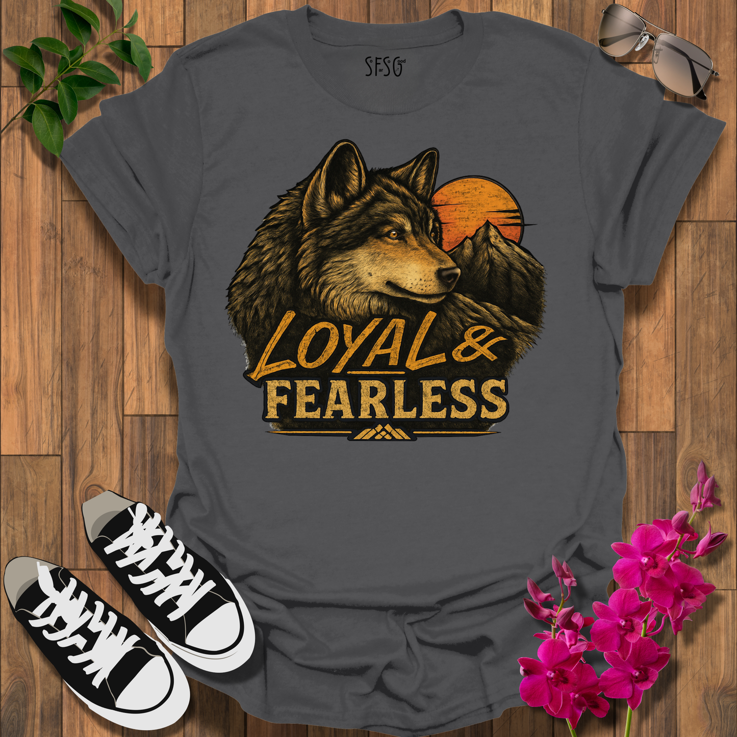 Loyal & Fearless Wolf T-Shirt — Vintage Wolf Sunset Tee
