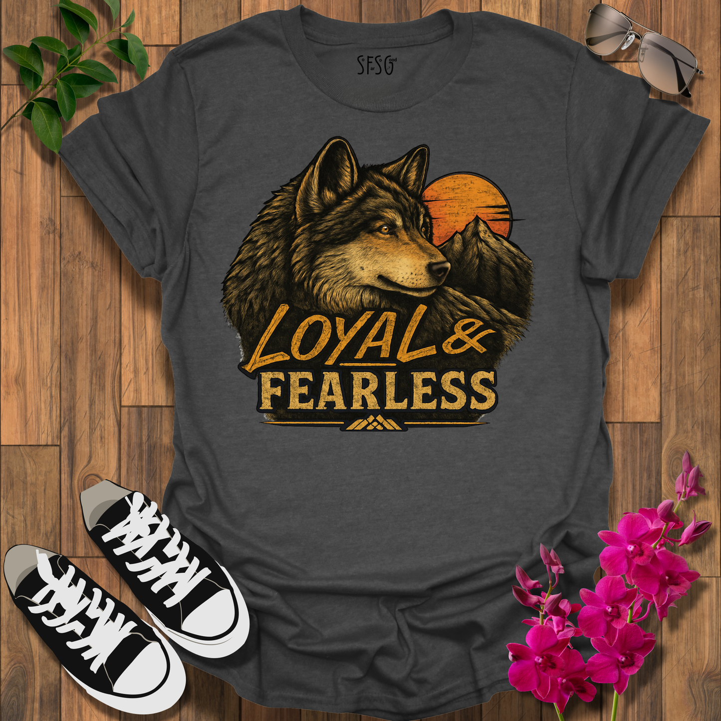 Loyal & Fearless Wolf T-Shirt — Vintage Wolf Sunset Tee