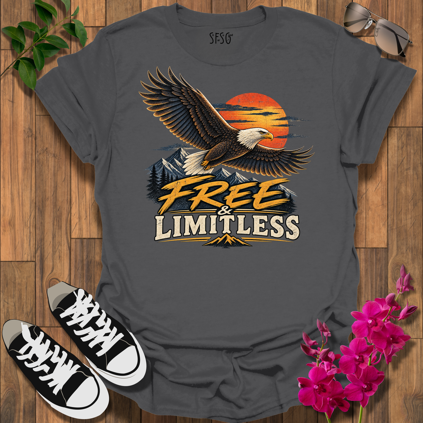 Eagle Sunset T-Shirt — 'Free Limitless' Vintage Bald Eagle Tee