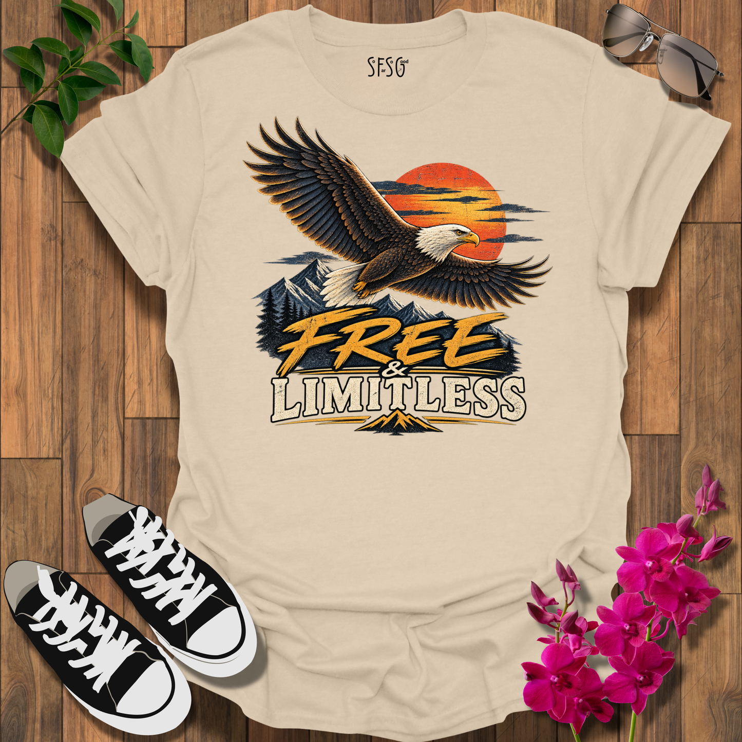 Eagle Sunset T-Shirt — 'Free Limitless' Vintage Bald Eagle Tee