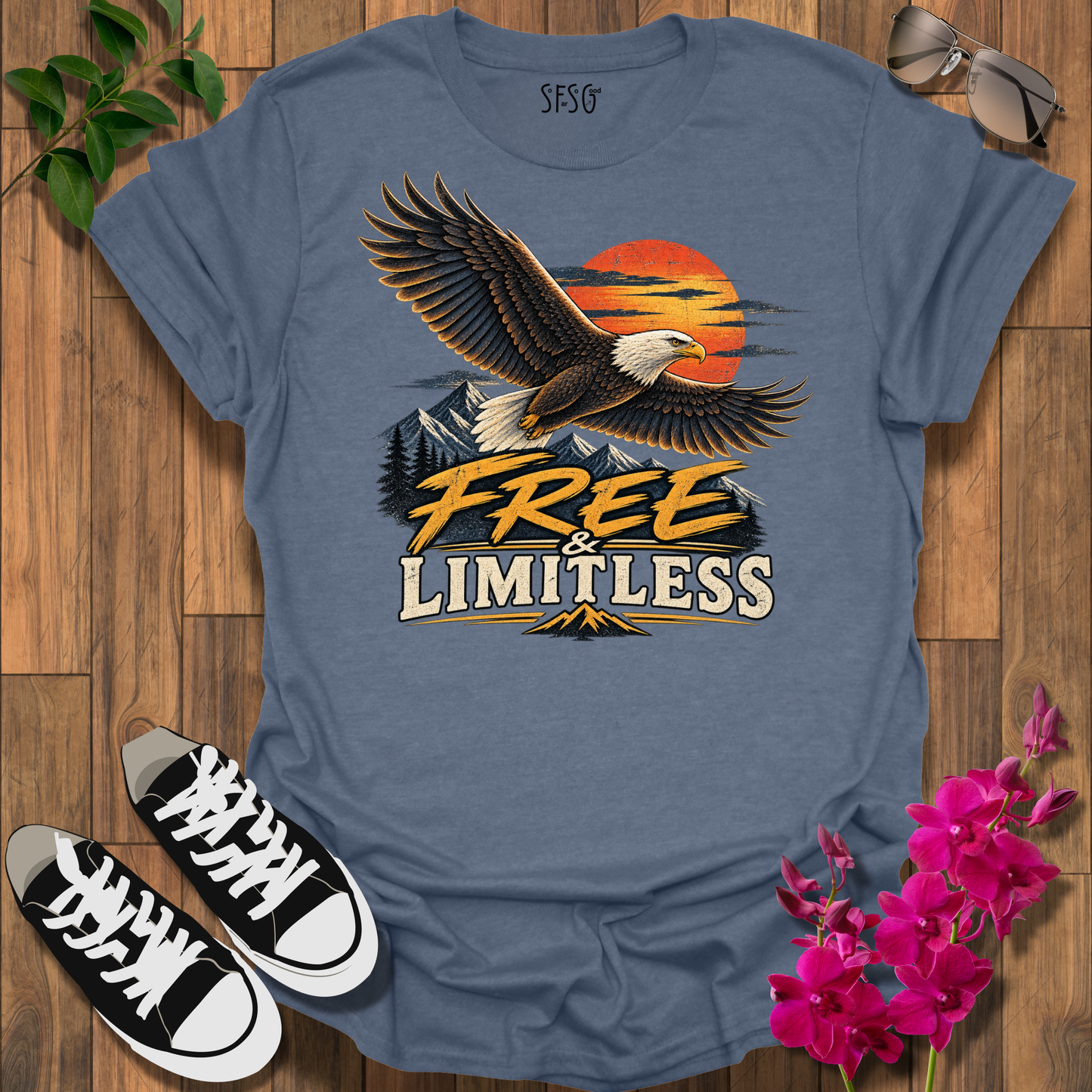 Eagle Sunset T-Shirt — 'Free Limitless' Vintage Bald Eagle Tee