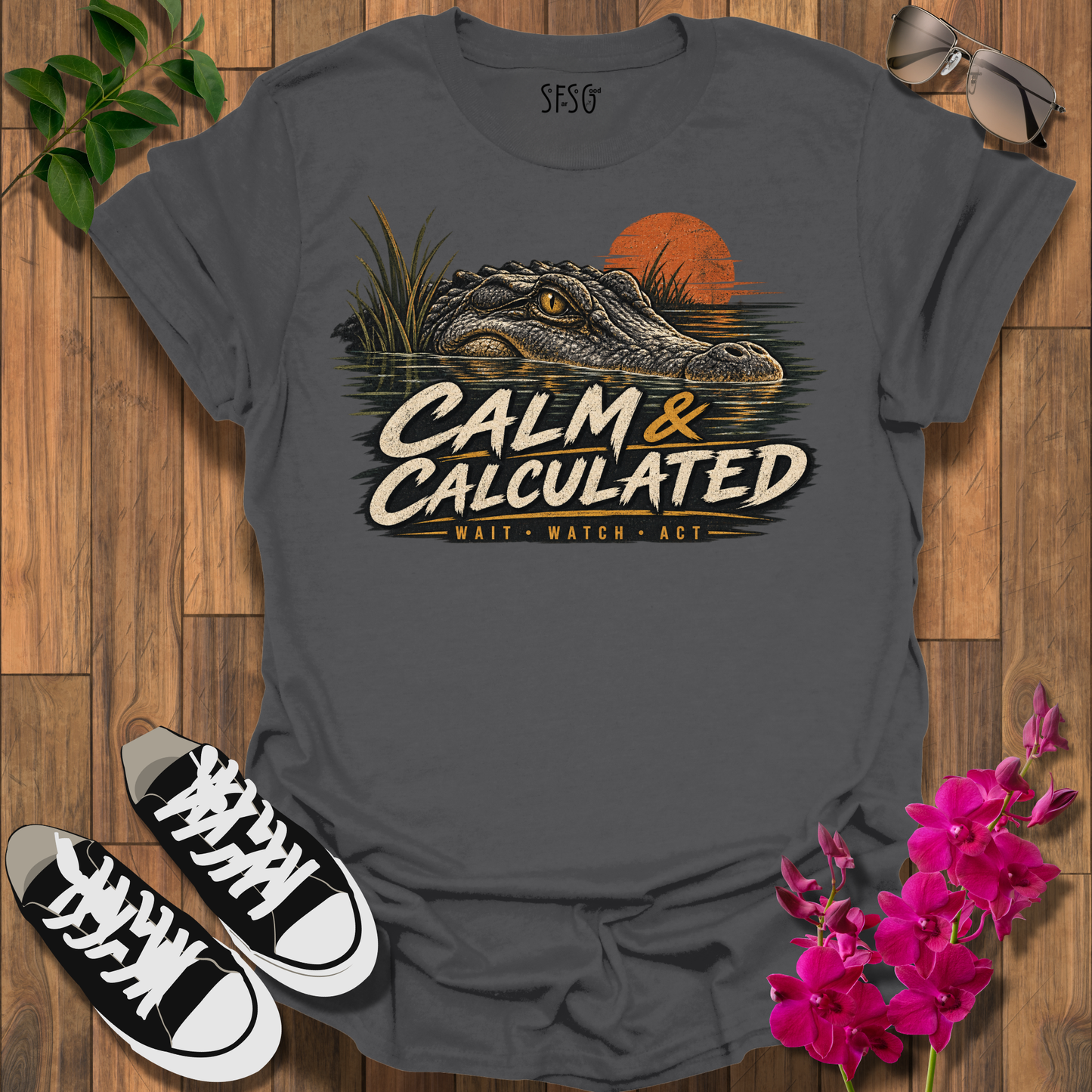 Calm & Calculated Alligator T-Shirt — Retro Sunset Gator Graphic