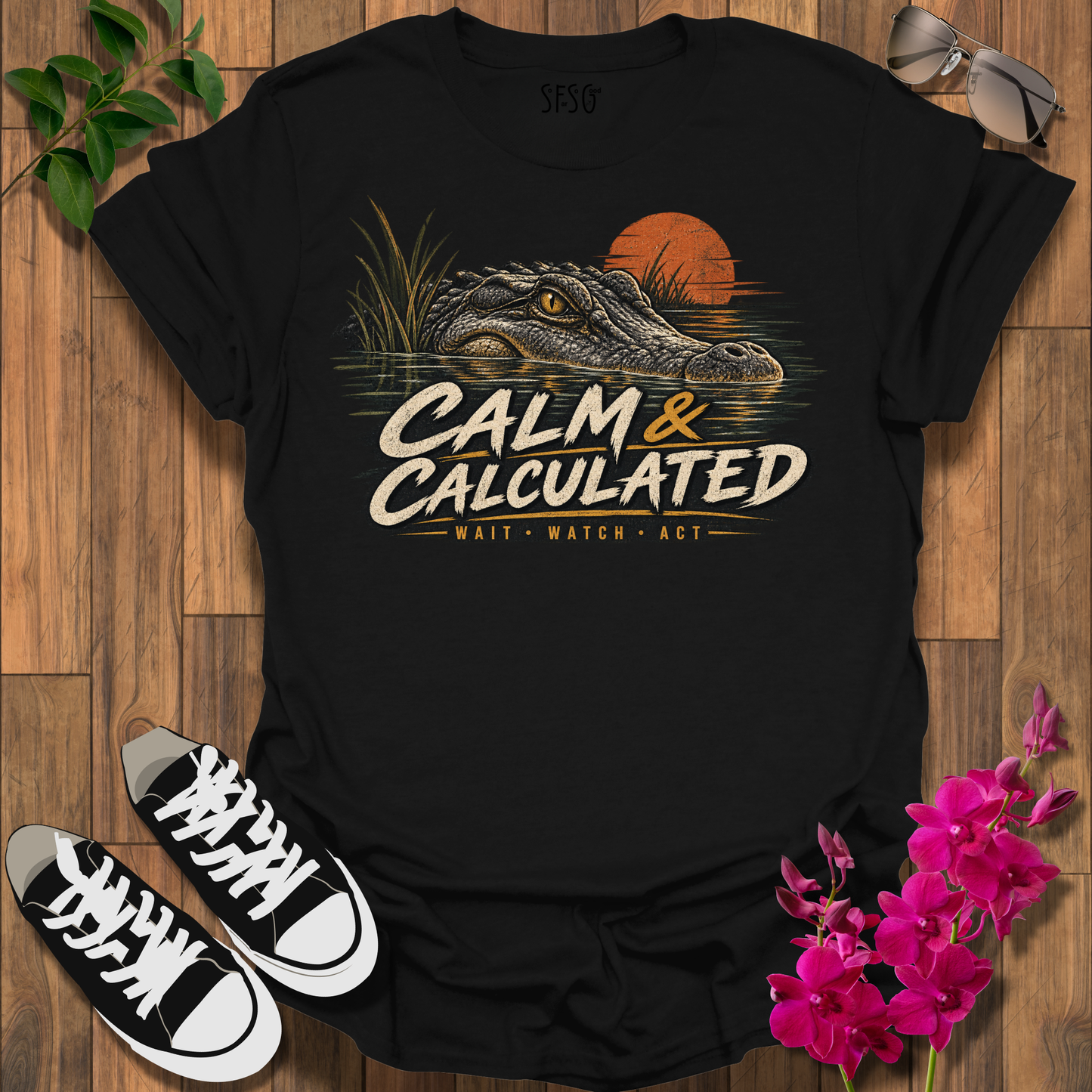 Calm & Calculated Alligator T-Shirt — Retro Sunset Gator Graphic
