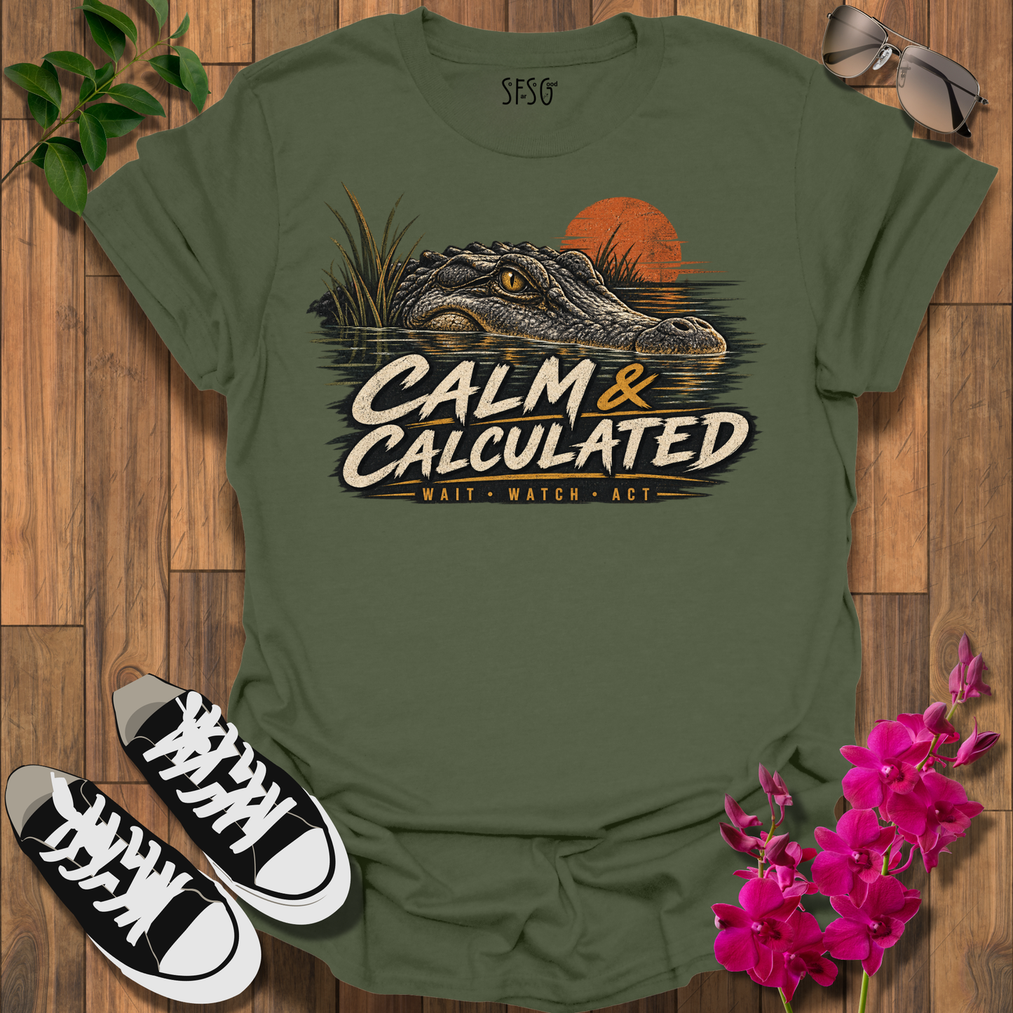 Calm & Calculated Alligator T-Shirt — Retro Sunset Gator Graphic