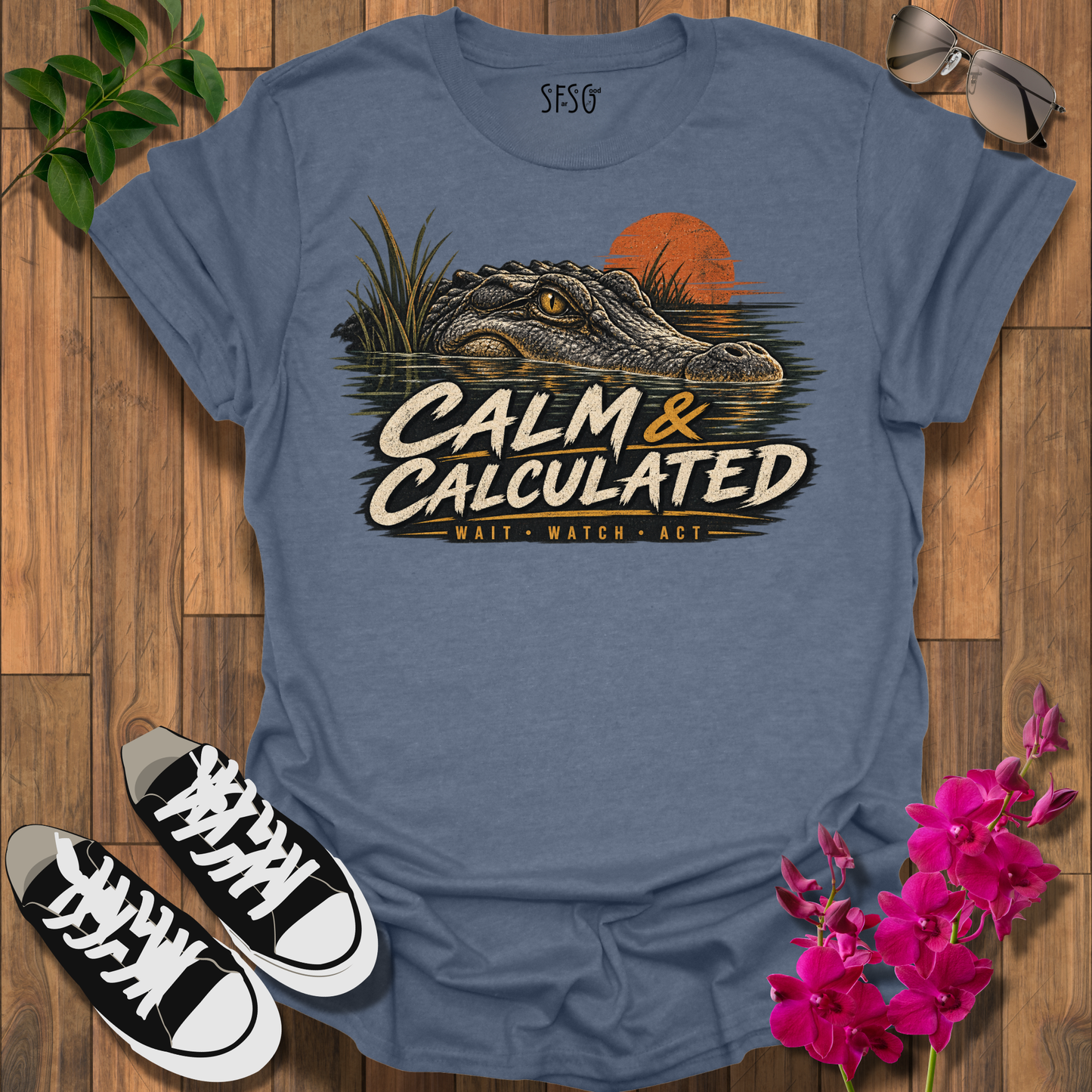 Calm & Calculated Alligator T-Shirt — Retro Sunset Gator Graphic