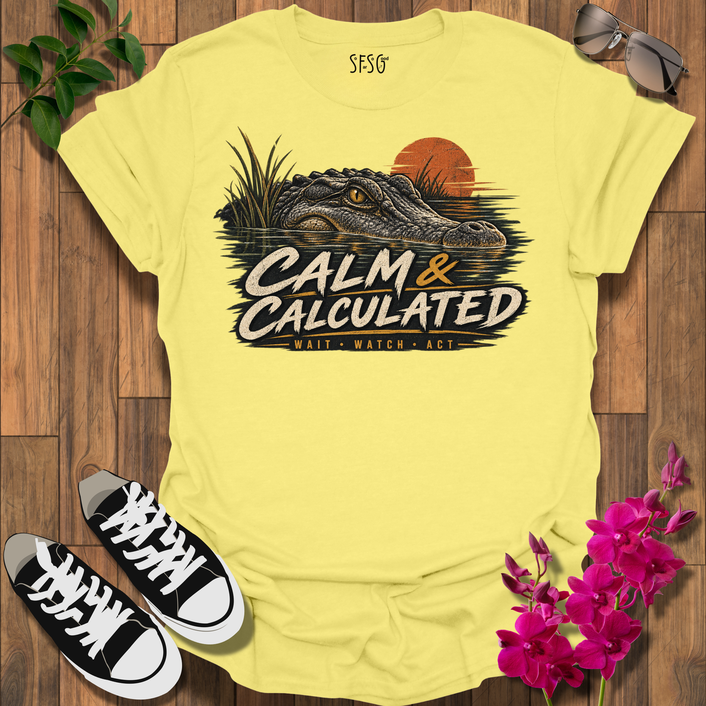 Calm & Calculated Alligator T-Shirt — Retro Sunset Gator Graphic