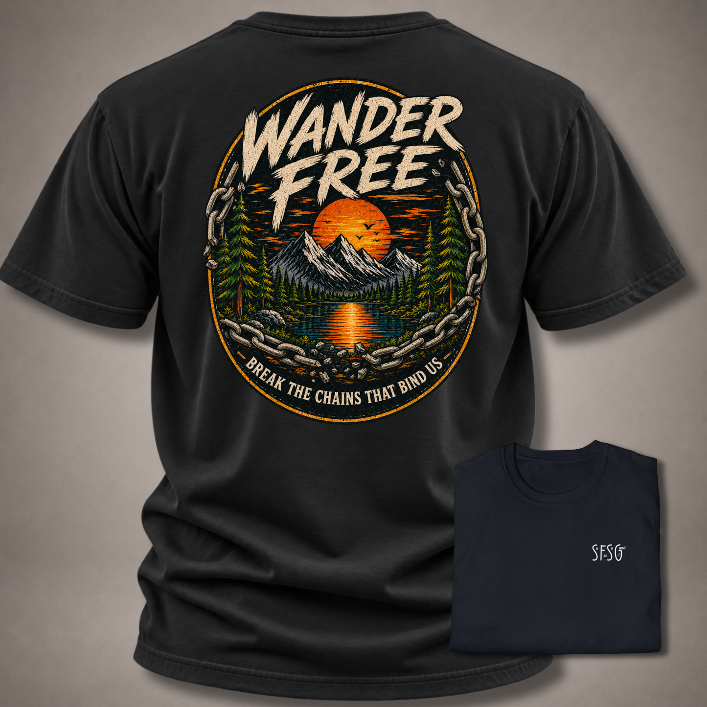 Wander Free T-Shirt — Vintage Mountain Sunset Adventure Tee