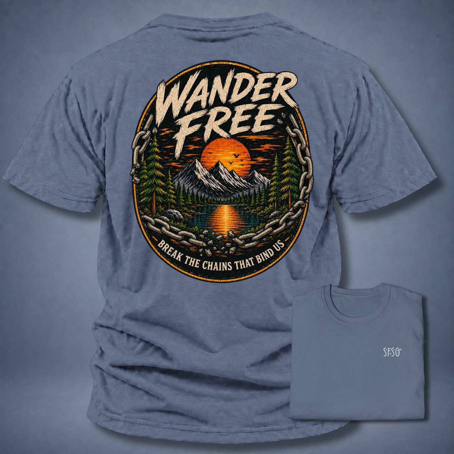 Wander Free T-Shirt — Vintage Mountain Sunset Adventure Tee