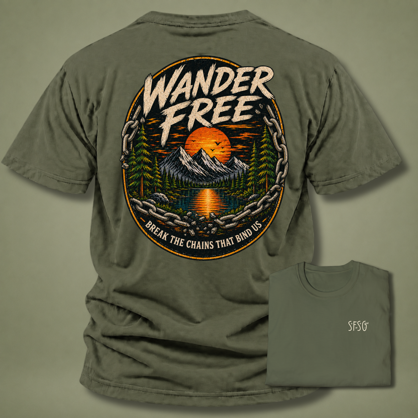 Wander Free T-Shirt — Vintage Mountain Sunset Adventure Tee