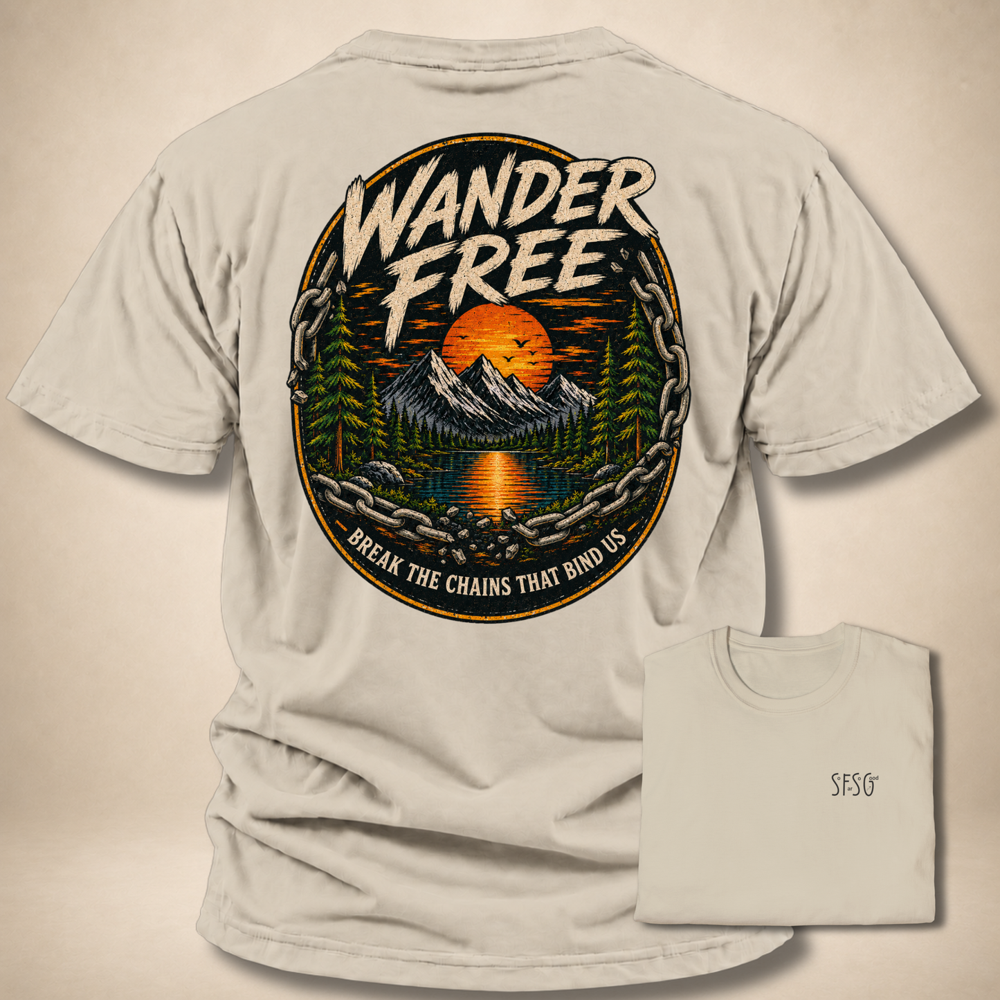 Wander Free T-Shirt — Vintage Mountain Sunset Adventure Tee