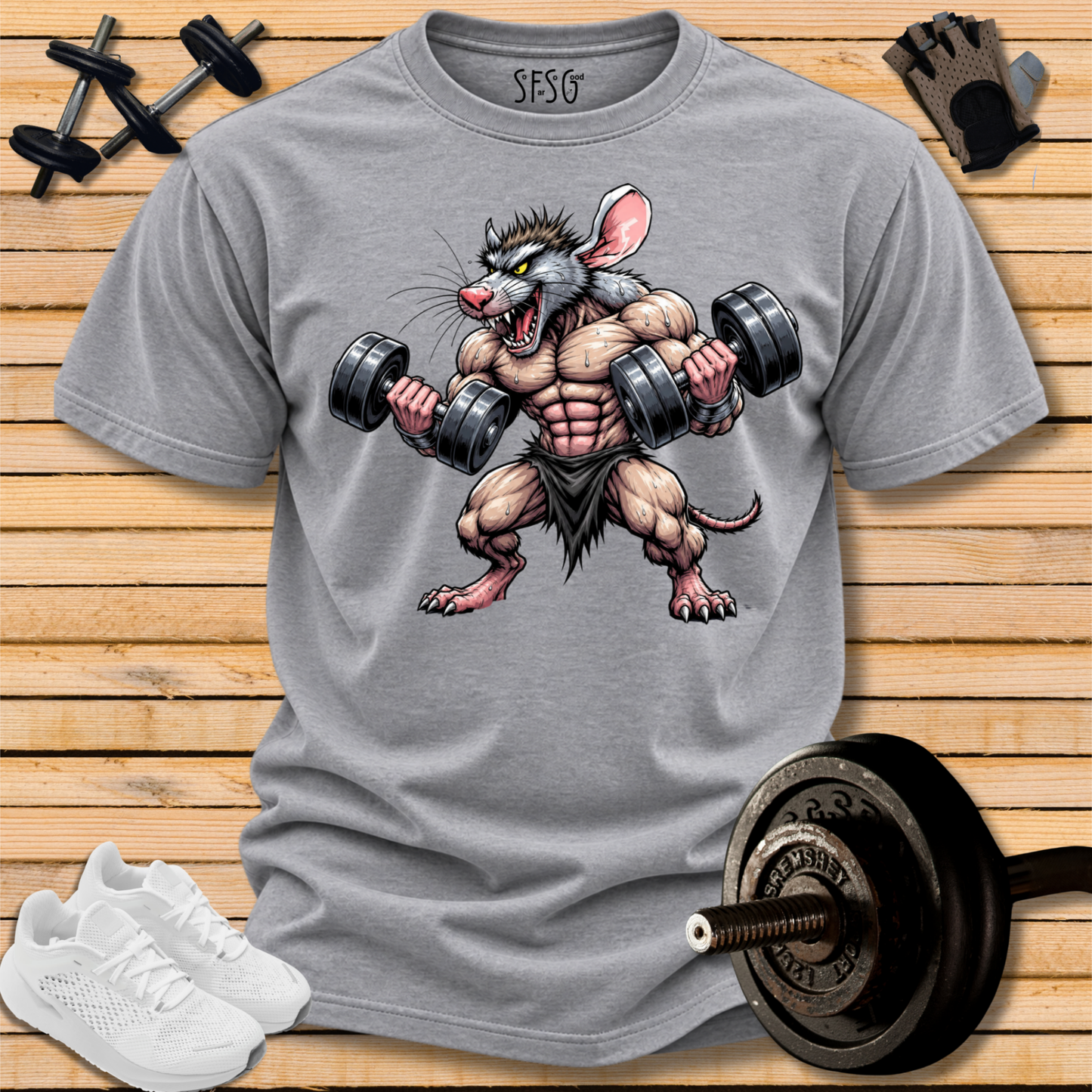 Rat Bodybuilder T-Shirt — Muscular Gym Rodent Fitness Tee