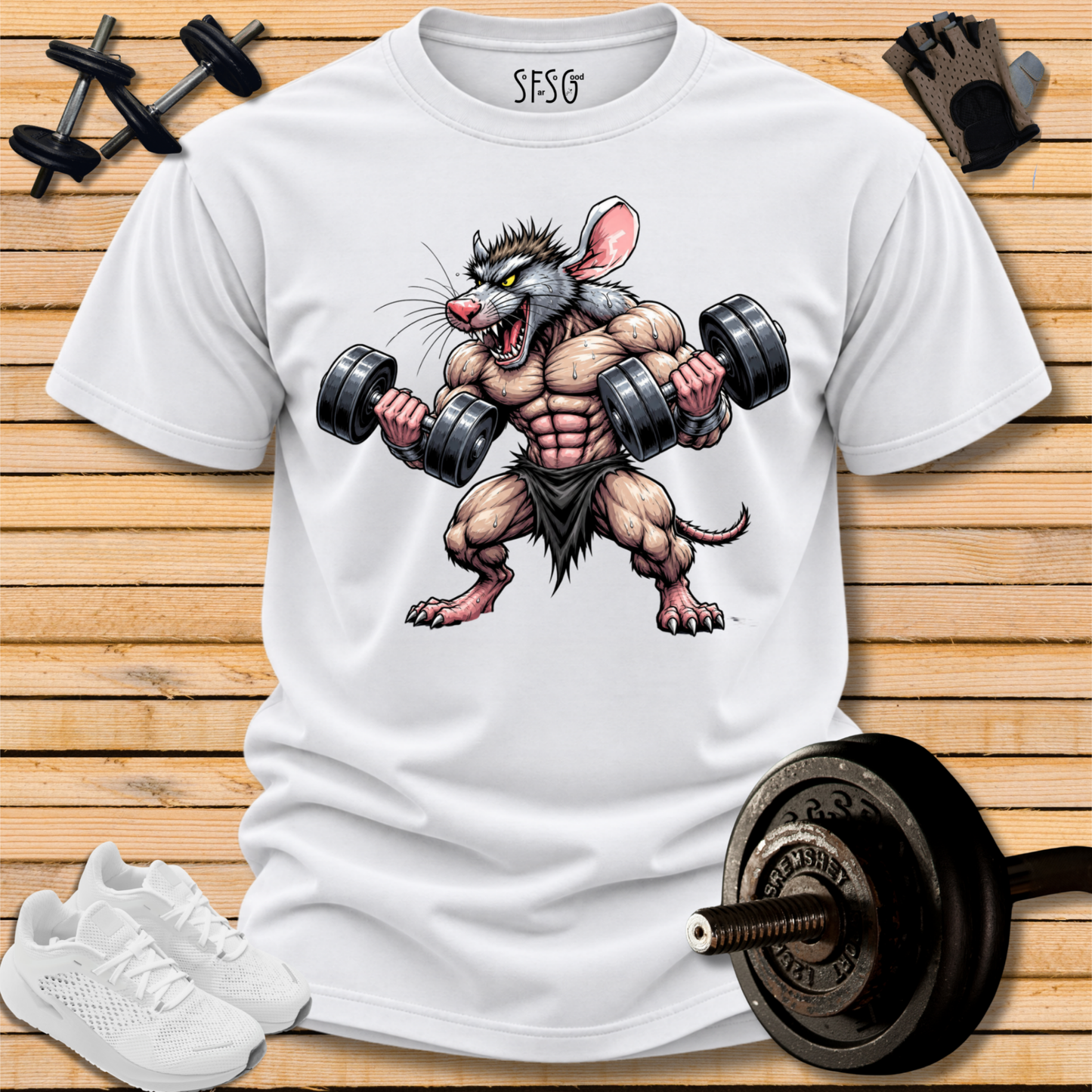 Rat Bodybuilder T-Shirt — Muscular Gym Rodent Fitness Tee