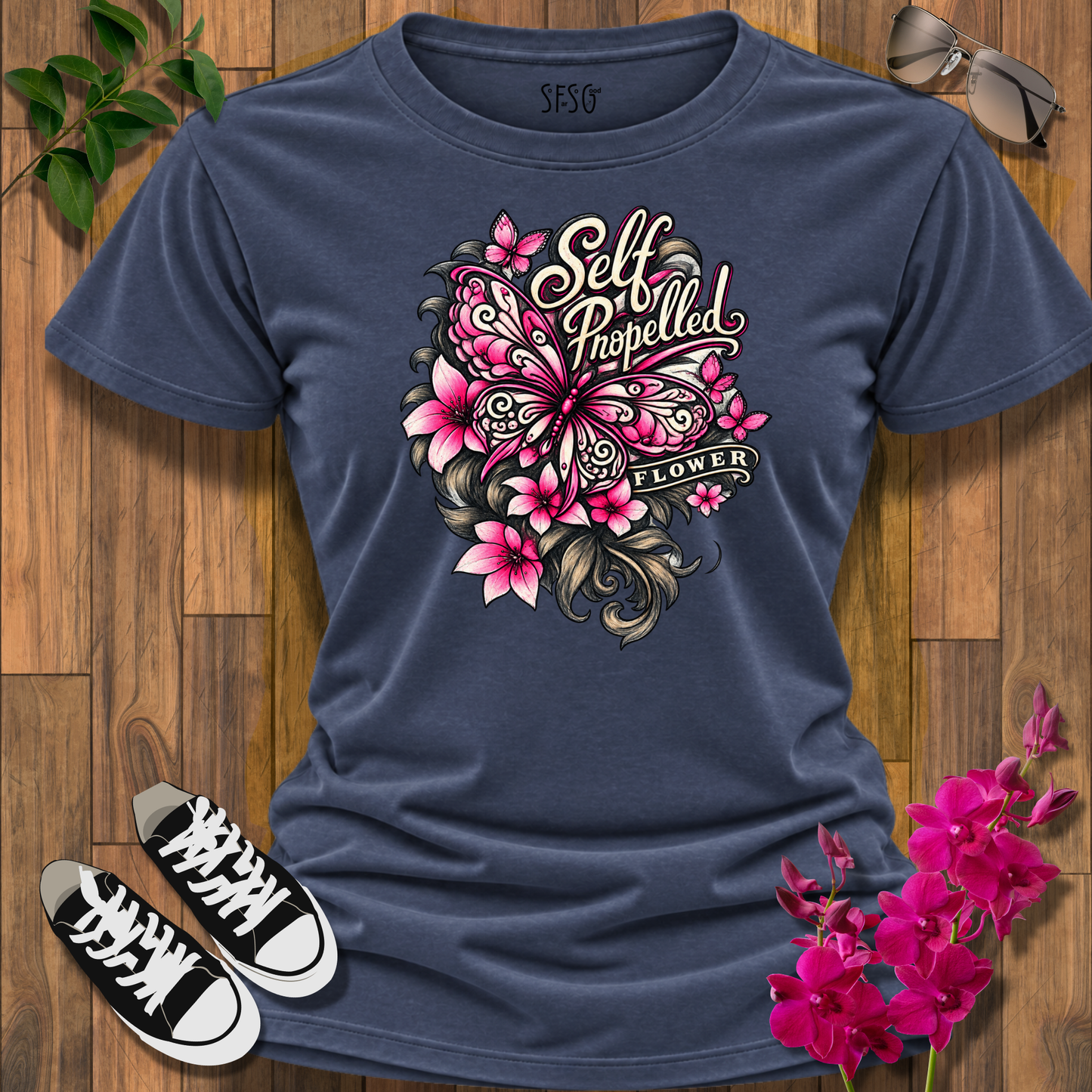 Self-Propelled Butterfly T-Shirt — Inspirational Floral Graphic Tee