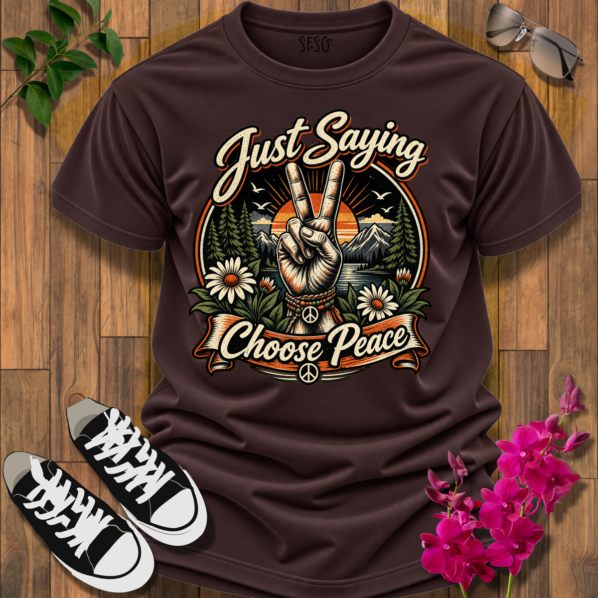 Just Saying Choose Peace T-Shirt — Retro Peace Sign Sunset Tee