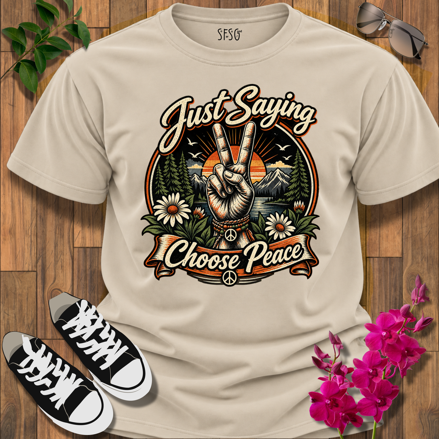 Just Saying Choose Peace T-Shirt — Retro Peace Sign Sunset Tee