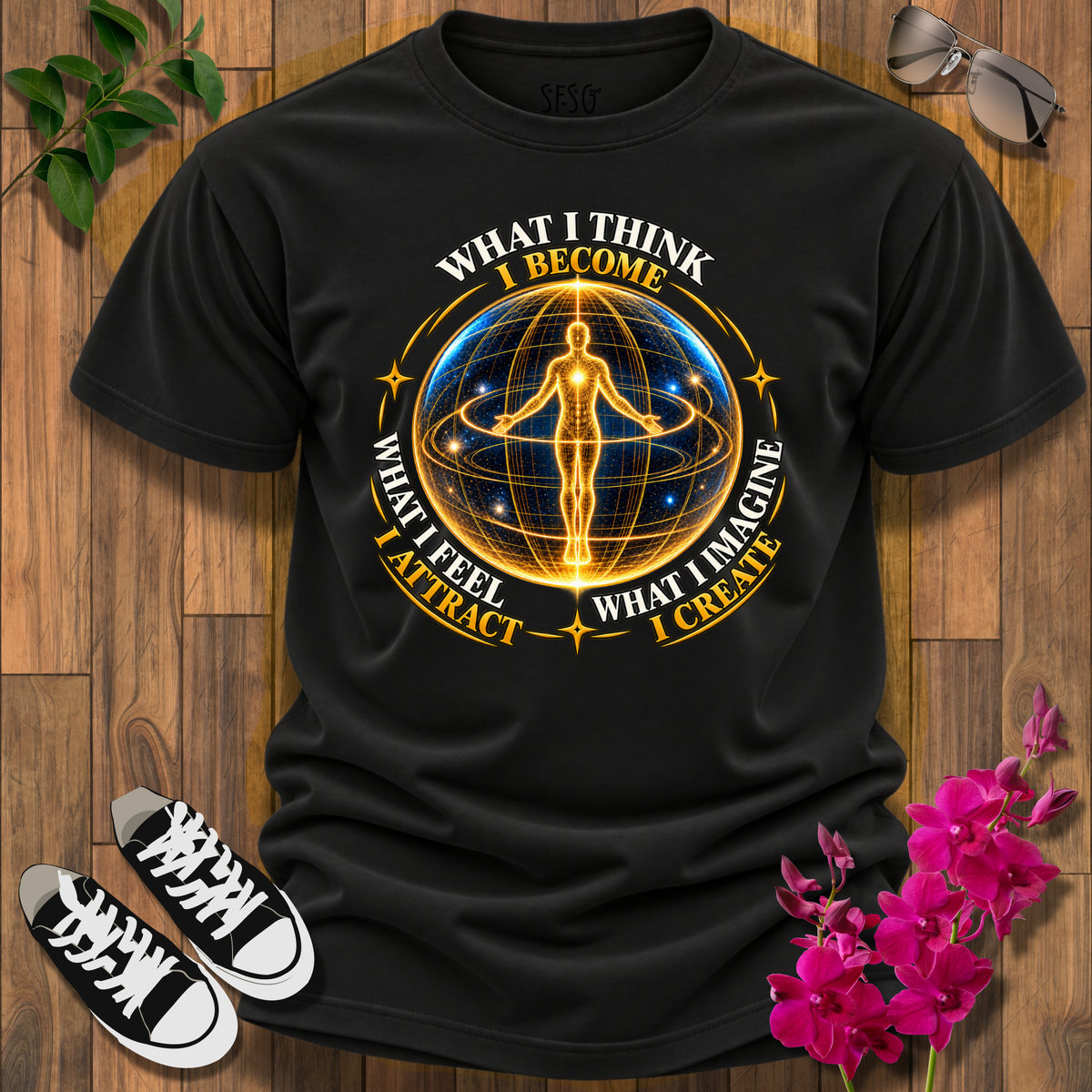 Spiritual Energy Tee — "What I Think I Become" Meditation Graphic T-Shirt