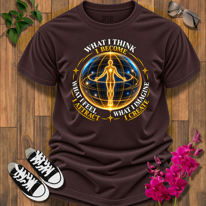 Spiritual Energy Tee — "What I Think I Become" Meditation Graphic T-Shirt
