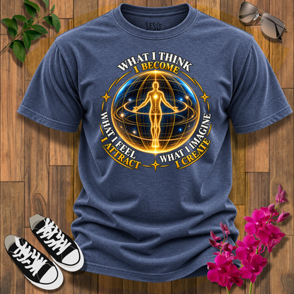 Spiritual Energy Tee — "What I Think I Become" Meditation Graphic T-Shirt