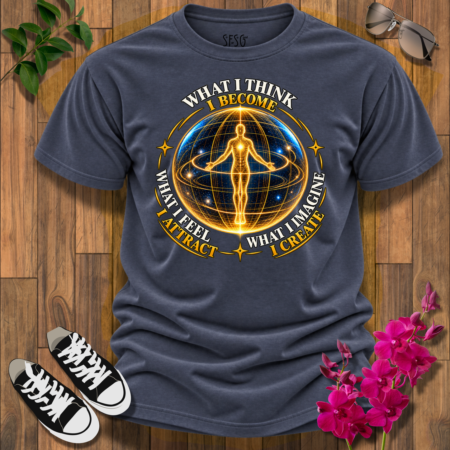 Spiritual Energy Tee — "What I Think I Become" Meditation Graphic T-Shirt