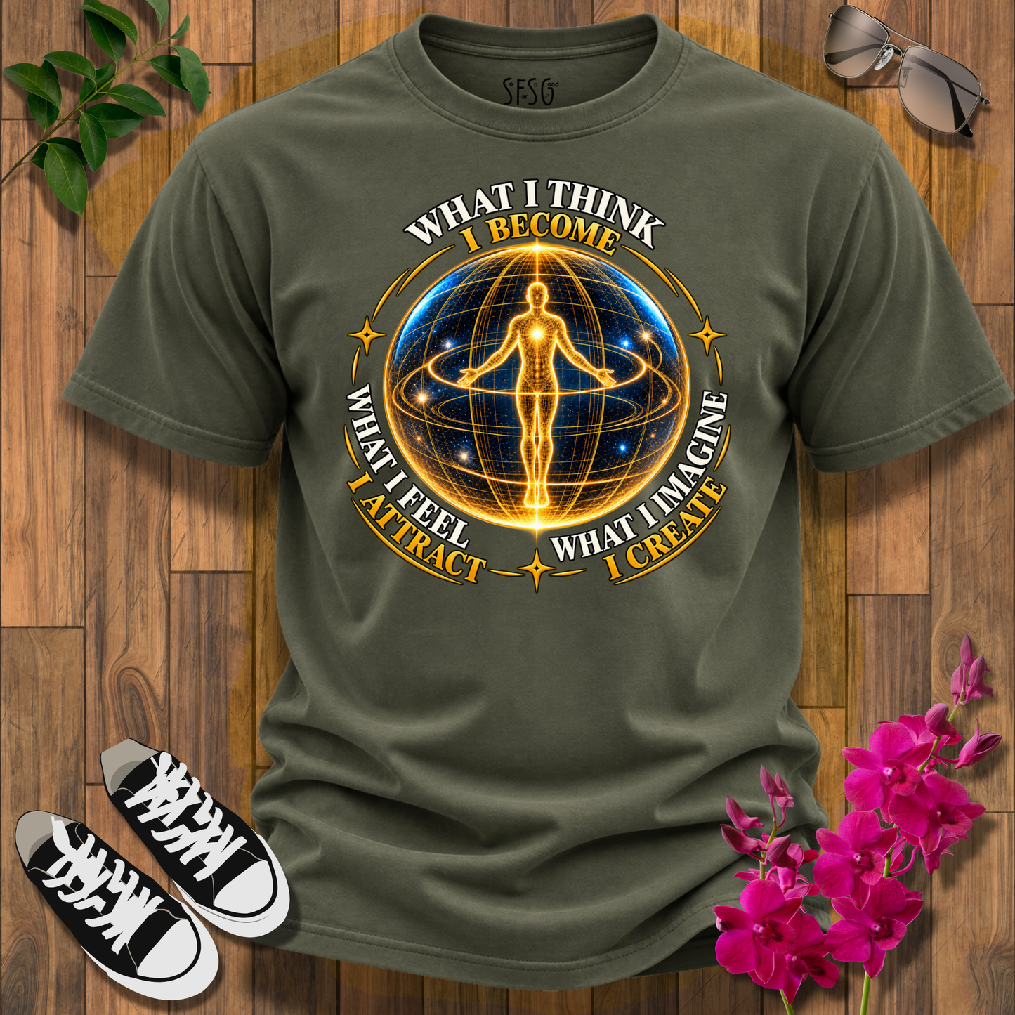 Spiritual Energy Tee — "What I Think I Become" Meditation Graphic T-Shirt