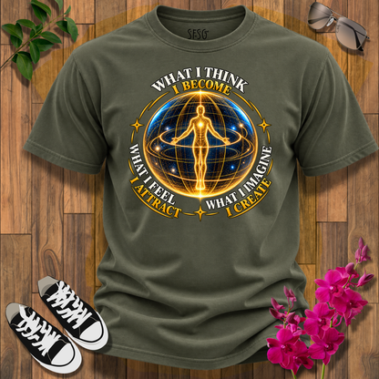 Spiritual Energy Tee — "What I Think I Become" Meditation Graphic T-Shirt