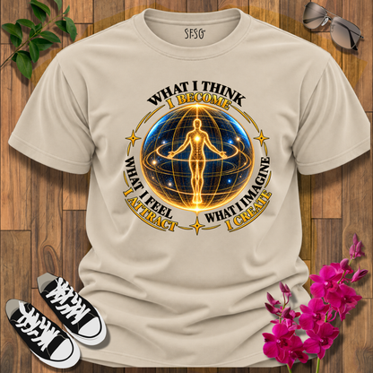 Spiritual Energy Tee — "What I Think I Become" Meditation Graphic T-Shirt