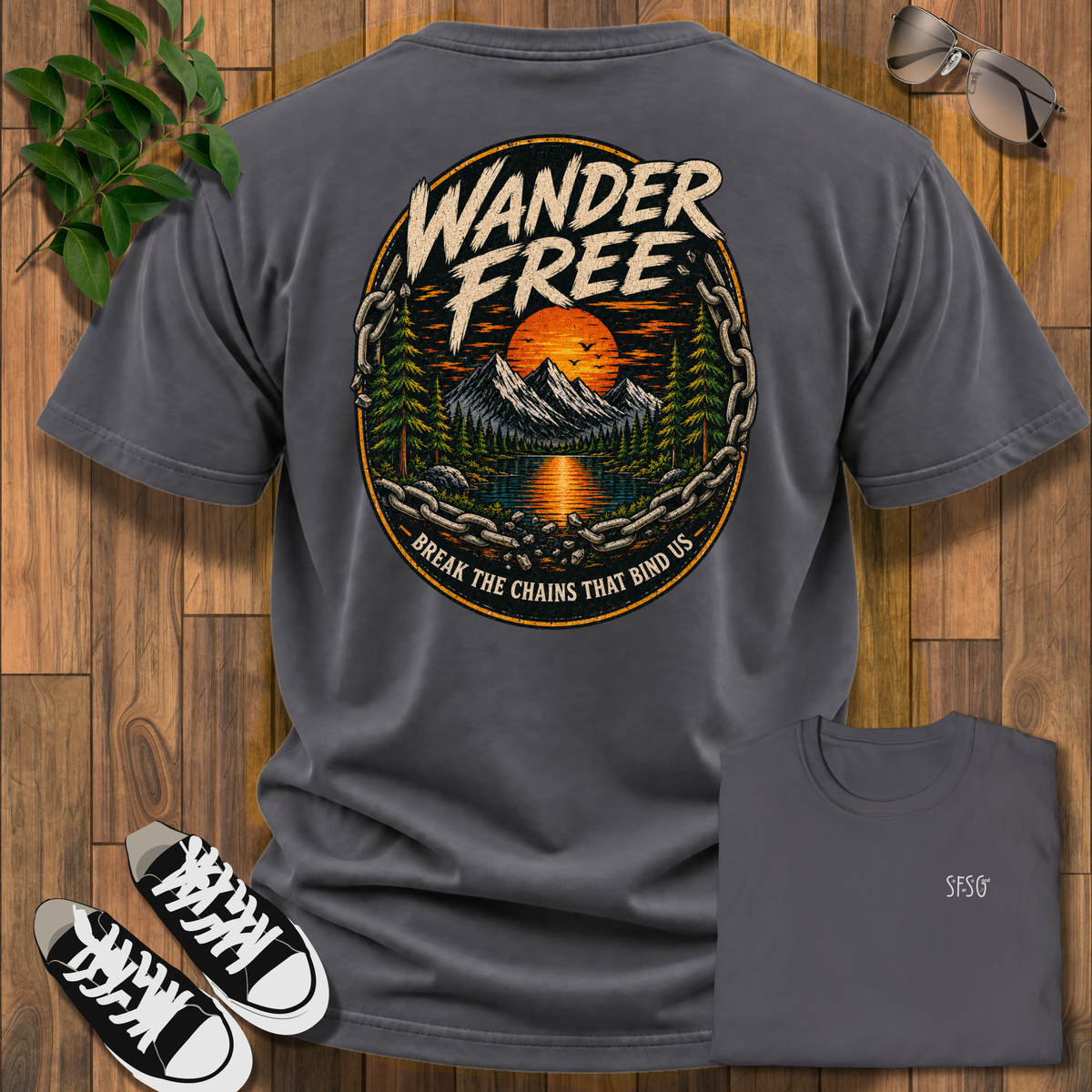 Wander Free T-Shirt — Vintage Mountain Sunset Adventure Tee