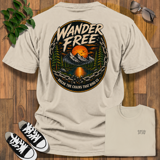 Wander Free T-Shirt — Vintage Mountain Sunset Adventure Tee