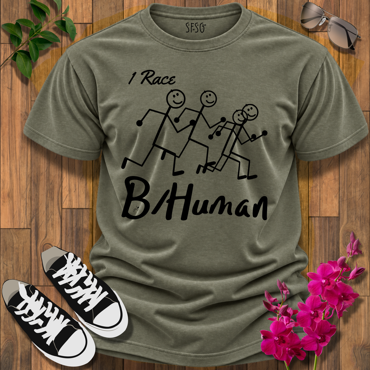 B/Human 'I Race' Running Stick Figures T-Shirt