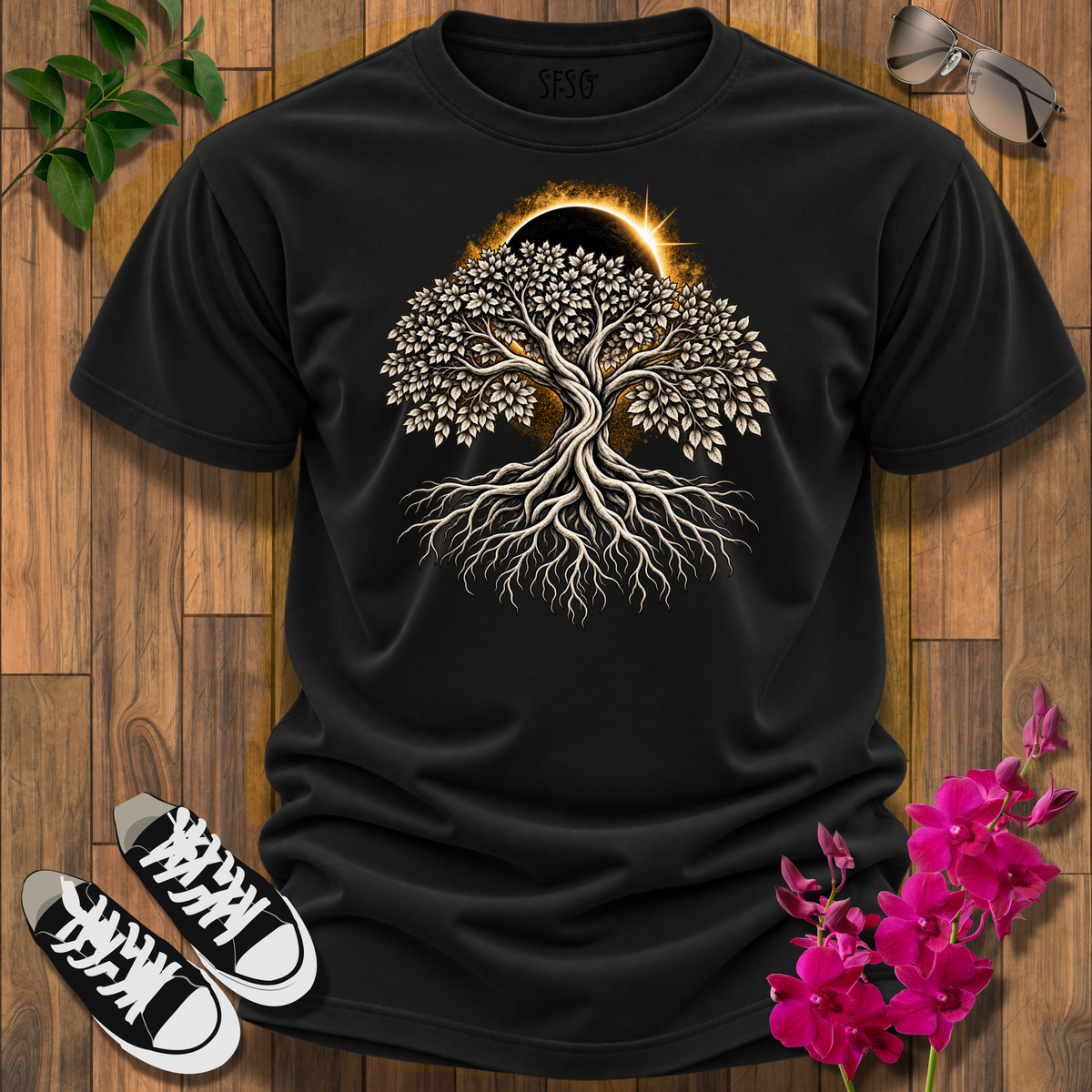 "Rooted" T-Shirt — Sun & Moon Yin Yang Roots Graphic Tee