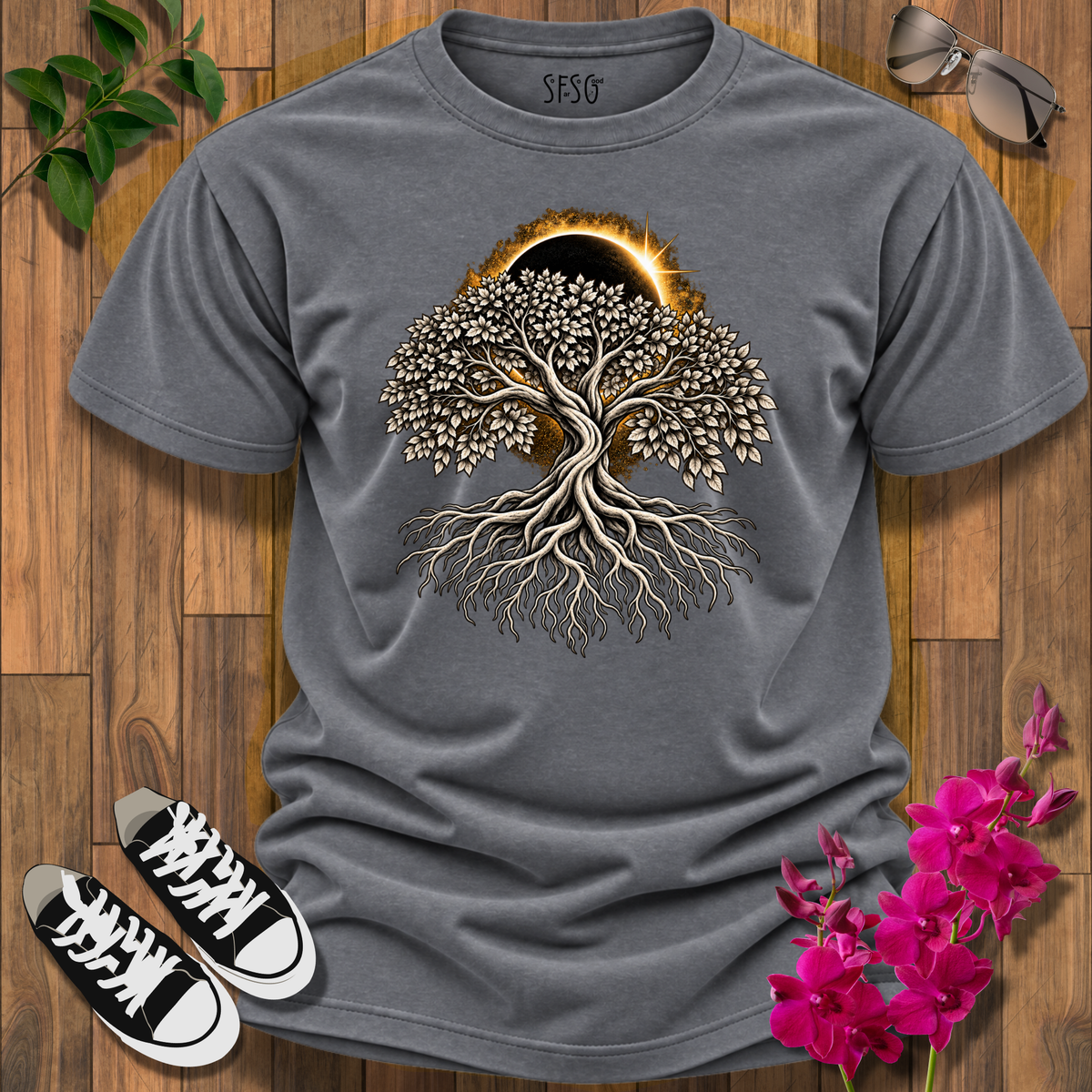"Rooted" T-Shirt — Sun & Moon Yin Yang Roots Graphic Tee