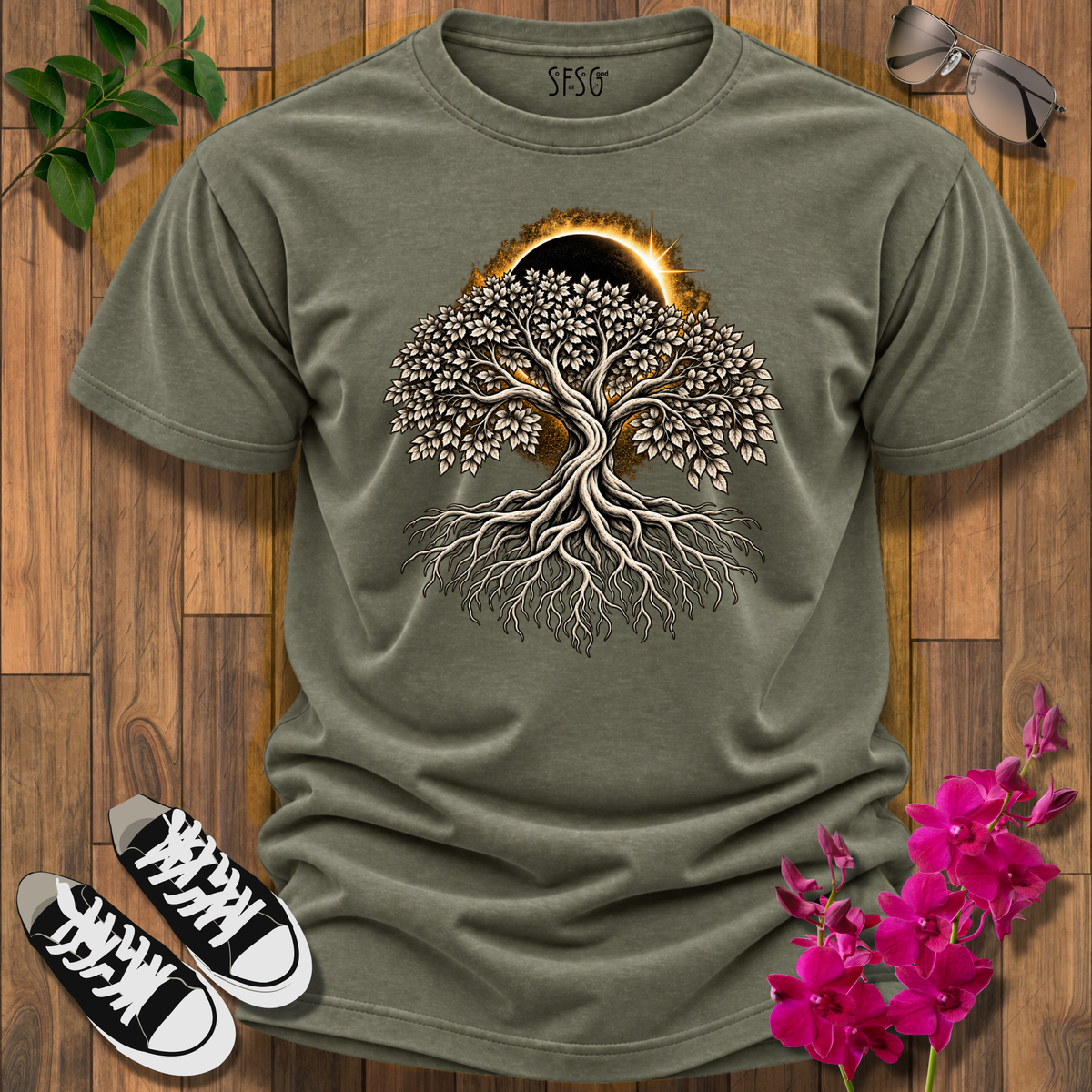 "Rooted" T-Shirt — Sun & Moon Yin Yang Roots Graphic Tee