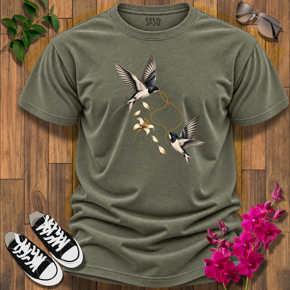 "Still Connected" T-Shirt — Elegant Gold Bird Graphic