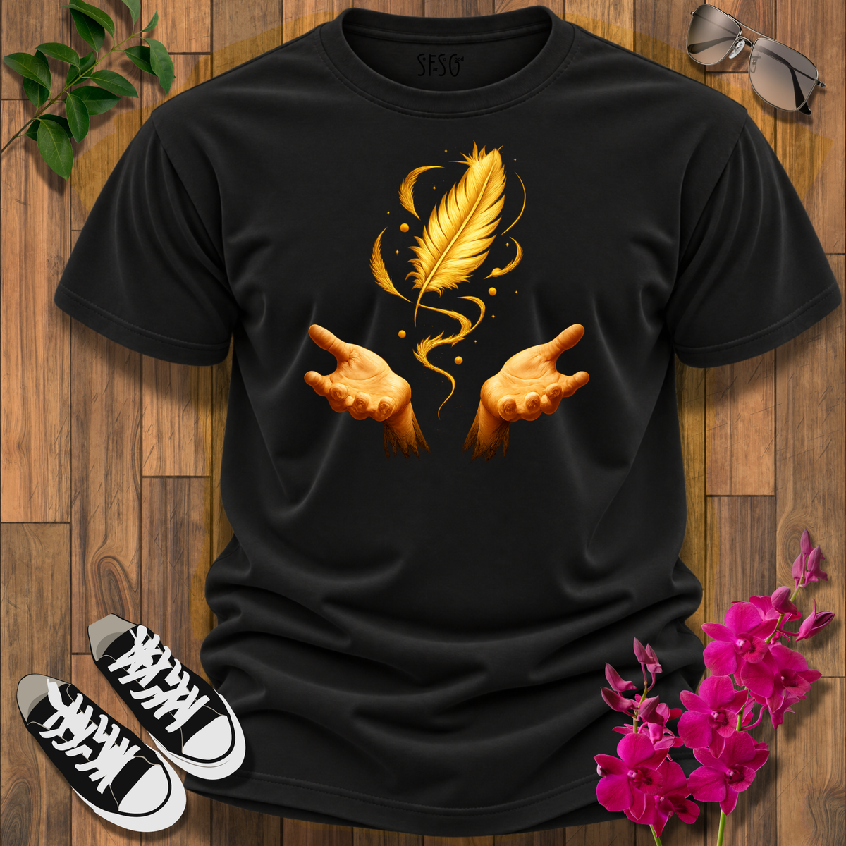 "Letting Go" T-Shirt — Golden Feather with Hands Spiritual Tee