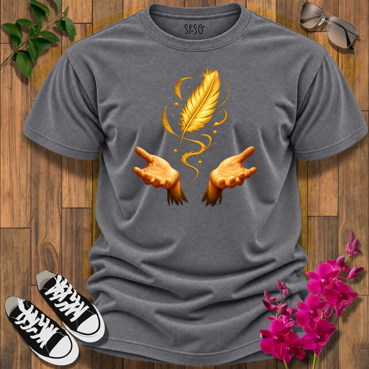 "Letting Go" T-Shirt — Golden Feather with Hands Spiritual Tee