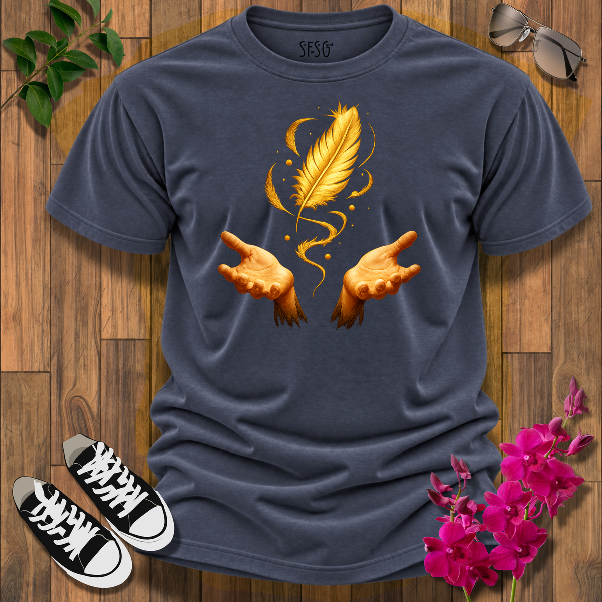 "Letting Go" T-Shirt — Golden Feather with Hands Spiritual Tee