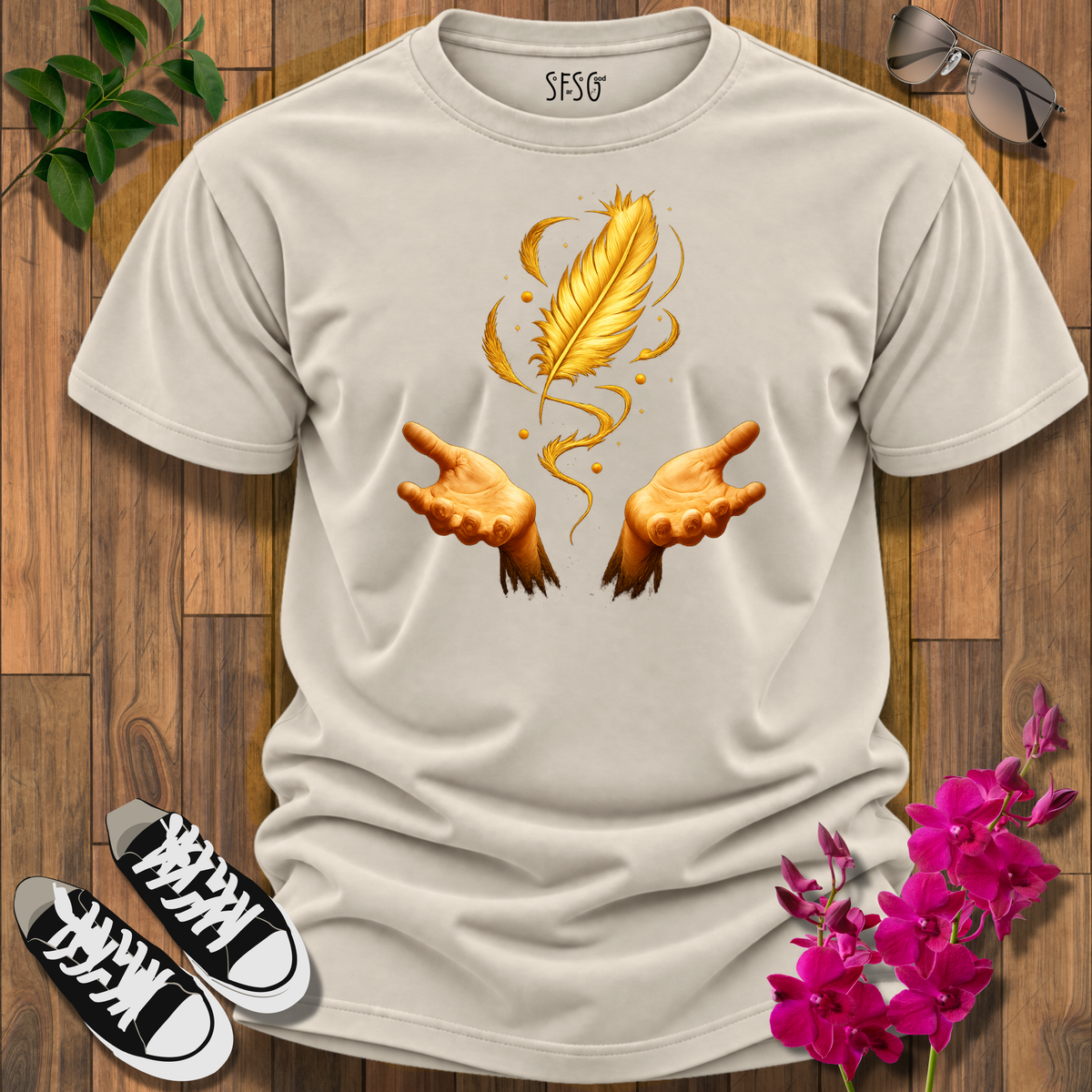 "Letting Go" T-Shirt — Golden Feather with Hands Spiritual Tee