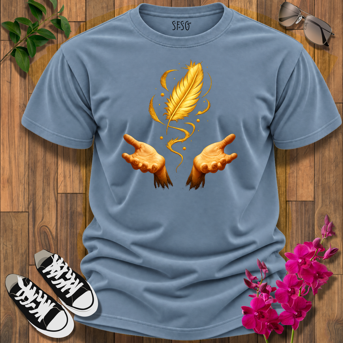 "Letting Go" T-Shirt — Golden Feather with Hands Spiritual Tee